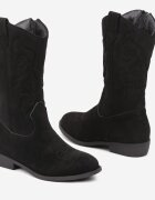  Cizme Negre Cowboy cu Talpă Plată decorate cu Imprimeu Niathalie