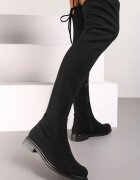  Cizme Negre Plate Stil Muschetar cu Șireturi și Carâmb Elastic Ansandra