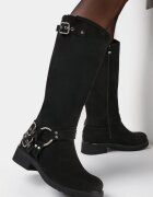  Cizme Negre Tip Biker cu Toc Plat cu Cataramă Decorativă Serriva