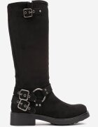  Cizme Negre Tip Biker cu Toc Plat cu Cataramă Decorativă Serriva