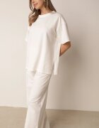  Compleu Alb din bumbac Bluză cu fante laterale Pantaloni largi cu elastic în talie Undrea