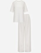  Compleu Alb din bumbac Bluză cu fante laterale Pantaloni largi cu elastic în talie Undrea