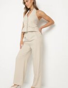  Compleu bej de costum Vestă halter și Pantaloni largi Darelna