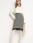  Compleu Bej deschis din două piese Rochie midi cu dungi și franjuri și Cardigan scurt cu zirconii Emoncja