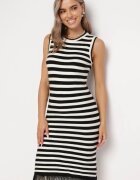  Compleu Bej deschis din două piese Rochie midi cu dungi și franjuri și Cardigan scurt cu zirconii Emoncja