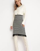  Compleu Bej deschis din două piese Rochie midi cu dungi și franjuri și Cardigan scurt cu zirconii Emoncja