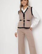  Compleu Bej din Viscoză Cămașă Vestă cu nasturi și cordon Pantaloni Largi Argillia