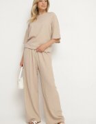  Compleu Bej Oversize cu Bluză și Pantaloni Lungi cu Elastic în Talie Urinivia