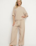  Compleu Bej Oversize cu Bluză și Pantaloni Lungi cu Elastic în Talie Urinivia