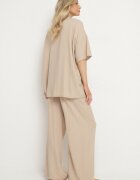  Compleu Bej Oversize cu Bluză și Pantaloni Lungi cu Elastic în Talie Urinivia