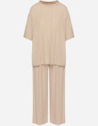  Compleu Bej Oversize cu Bluză și Pantaloni Lungi cu Elastic în Talie Urinivia