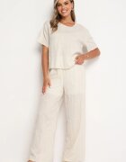  Compleu bej Tricou și Pantaloni largi decorat cu flori brodate Namsaria