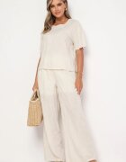  Compleu bej Tricou și Pantaloni largi decorat cu flori brodate Namsaria