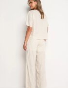  Compleu bej Tricou și Pantaloni largi decorat cu flori brodate Namsaria