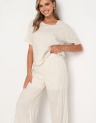  Compleu bej Tricou și Pantaloni largi decorat cu flori brodate Namsaria