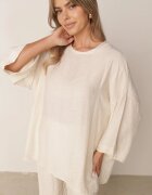  Compleu Bej Viscoză Pantaloni Largi cu Elastic în Talie și Bluză cu Mâneci Liliac Odrina