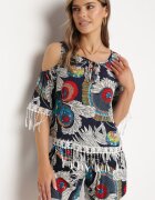  Compleu Bleumarin Decorat cu franjuri cu imprimeu abstract Tricou cu decupaje la umeri și Pantaloni scurți Setella
