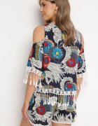  Compleu Bleumarin Decorat cu franjuri cu imprimeu abstract Tricou cu decupaje la umeri și Pantaloni scurți Setella
