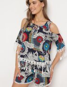  Compleu Bleumarin Decorat cu franjuri cu imprimeu abstract Tricou cu decupaje la umeri și Pantaloni scurți Setella