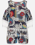  Compleu Bleumarin Decorat cu franjuri cu imprimeu abstract Tricou cu decupaje la umeri și Pantaloni scurți Setella