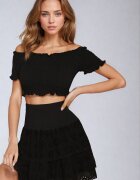  Compleu de bumbac negru Top carmen Fustă ajurată cu elastic în talie Vimabelle