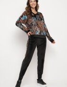  Compleu de Trening din Velur Negru-Bej cu Imprimeu Leopard Bluză și Pantaloni cu Dungi Laterale și Talie Elastică Ivalethe
