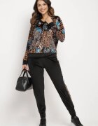  Compleu de Trening din Velur Negru-Bej cu Imprimeu Leopard Bluză și Pantaloni cu Dungi Laterale și Talie Elastică Ivalethe