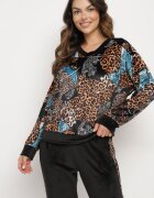  Compleu de Trening din Velur Negru-Bej cu Imprimeu Leopard Bluză și Pantaloni cu Dungi Laterale și Talie Elastică Ivalethe