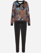  Compleu de Trening din Velur Negru-Bej cu Imprimeu Leopard Bluză și Pantaloni cu Dungi Laterale și Talie Elastică Ivalethe