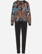  Compleu de Trening din Velur Negru-Bej cu Imprimeu Leopard Bluză și Pantaloni cu Dungi Laterale și Talie Elastică Ivalethe