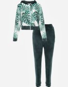  Compleu de trening verde închis din velur Bluză cu glugă cu model decorativ și Pantaloni Grouvia