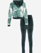  Compleu de trening verde închis din velur Bluză cu glugă cu model decorativ și Pantaloni Grouvia