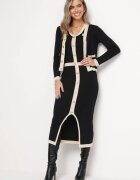  Compleu din 3 piese Negru decorat cu capse și buzunare: Bluză fără mâneci Fustă cu șliț Cardigan Violet
