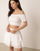  Compleu din bumbac alb Top scurt Tip spaniol Fustă croșetată cu elastic în talie Vimabelle