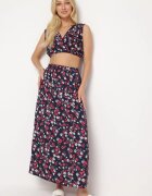  Compleu din două piese bleu-marin și roșu cu imprimeu floral top cu bretele fustă cu elastic în talie Dimantia