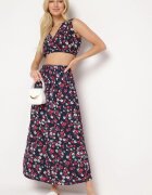  Compleu din două piese bleu-marin și roșu cu imprimeu floral top cu bretele fustă cu elastic în talie Dimantia