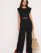  Compleu din viscoză negru bluză cu nasturi și umeri întăriți și pantaloni largi Vimalettes