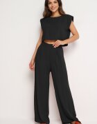  Compleu din viscoză negru bluză cu nasturi și umeri întăriți și pantaloni largi Vimalettes