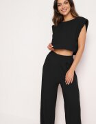  Compleu din viscoză negru bluză cu nasturi și umeri întăriți și pantaloni largi Vimalettes