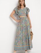  Compleu Două Piese Albastru cu Model Paisley din Viscoză Fustă Maxi și Bluză Petrecută Wabila