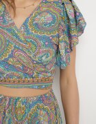  Compleu Două Piese Albastru cu Model Paisley din Viscoză Fustă Maxi și Bluză Petrecută Wabila