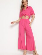  Compleu fucsia din bumbac cu cămașă scurtă și pantaloni largi cu fante Denara