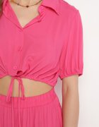  Compleu fucsia din bumbac cu cămașă scurtă și pantaloni largi cu fante Denara