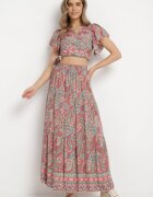  Compleu în 2 piese Roz cu model Paisley din Viscoză Fustă Maxi și Bluză petrecută Wabila