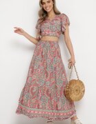  Compleu în 2 piese Roz cu model Paisley din Viscoză Fustă Maxi și Bluză petrecută Wabila