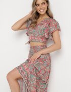  Compleu în 2 piese Roz cu model Paisley din Viscoză Fustă Maxi și Bluză petrecută Wabila