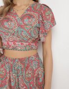  Compleu în 2 piese Roz cu model Paisley din Viscoză Fustă Maxi și Bluză petrecută Wabila
