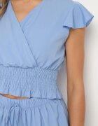  Compleu Încrucișat Albastru Top cu elastic în talie și Pantaloni scurți cu elastic în talie și volan Nestalie