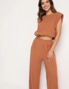  Compleu Maro Viscoză Bluză cu nasturi cu umeri întăriți și Pantaloni Largi Vimalettes