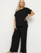  Compleu Negru cu Bumbac Bluză cu Încrețituri și Pantaloni Largi Jenindriela